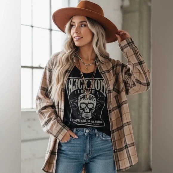 La Miel Tan Camel Plaid Button Down Flannel Small - Picture 2 of 10